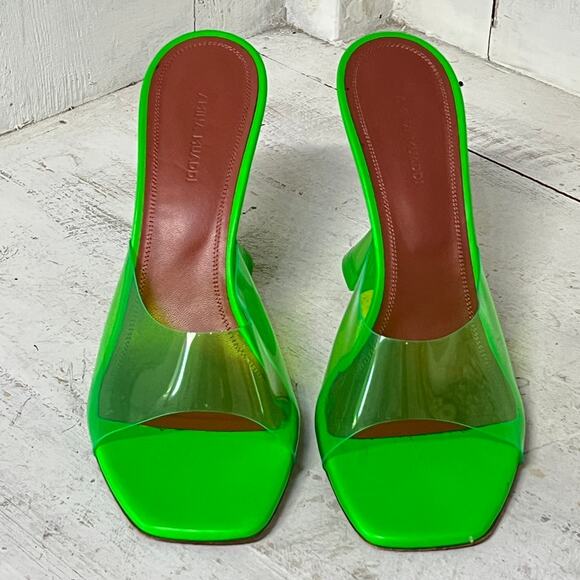Amina Muaddi Lupita PVC Slip On Spool Heel Mules Sandal Fluo Green Women Size 40 - Picture 2 of 6